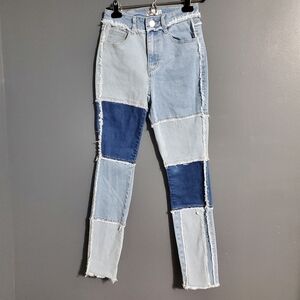 Rue21 Blue Skinny Womens Jeans Patchwork Raw Hem Edges Ankle Cropped Size 0